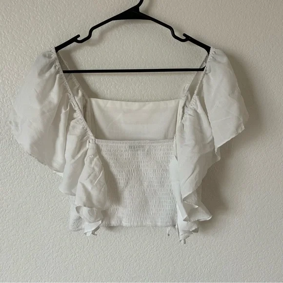 DO+BE White Ruffle Fair, Cottagecore, Boho, Coastal, Airy, Off Shoulder Crop Top - Picture 2 of 8
